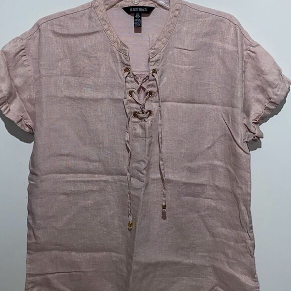 Ellen Tracy Women's Light Pink Linen Lace-Up Short Sleeve Top Size Medium - Picture 1 of 10